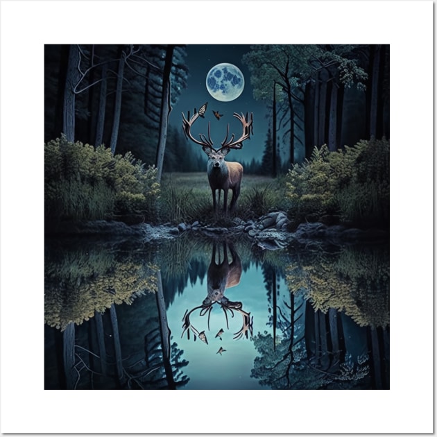 Deer reflected on the forest lake Wall Art by newcoloursintheblock